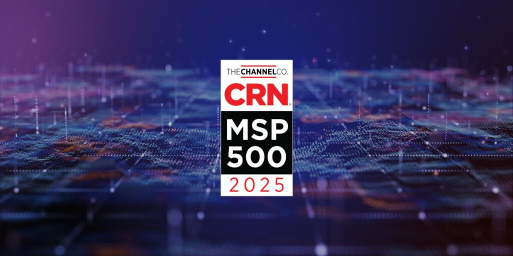 CRN MSP 500 2025 award badge over a digital network background, representing recognition of top managed service providers in the IT industry.
