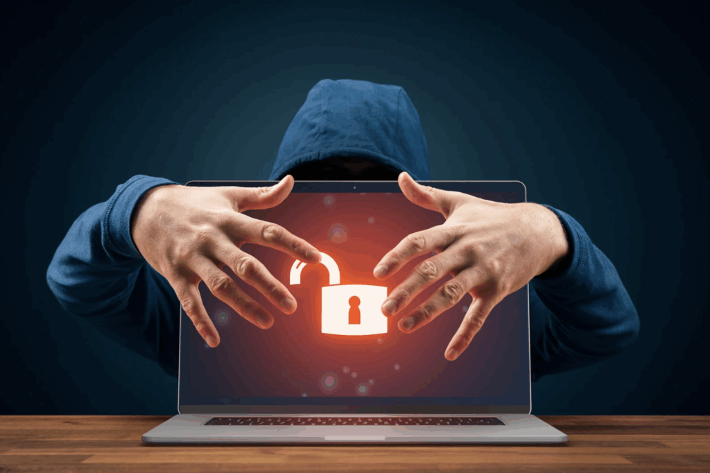 A person in a hoodie with hidden face appears to reach through a laptop screen displaying an open padlock icon, symbolizing a cybersecurity breach.
