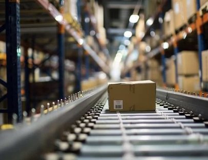 A cardboard box on a conveyor belt inside a warehouse with shelves filled with packages in the background.