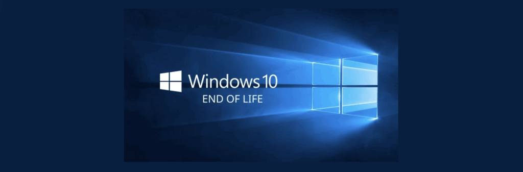 Windows 10 End of Life message displayed with the iconic blue light streaming through a window