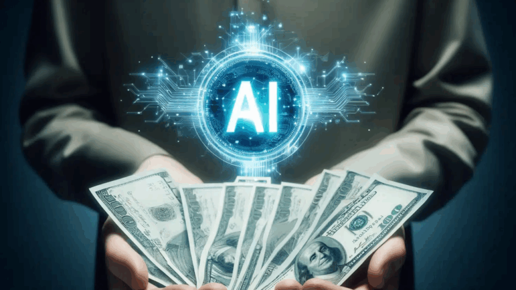 Hands holding multiple US $100 bills with a glowing AI (Artificial Intelligence) symbol above, representing AI-powered profitability.