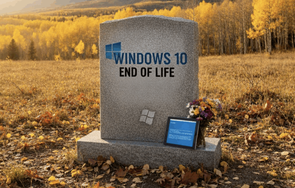 A gravestone in a field with the text “Windows 10 End of Life” engraved on it, with a tablet and flowers placed beside it.