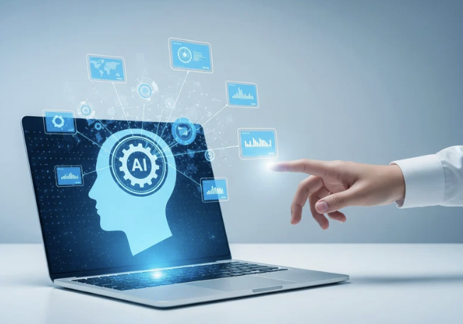Hand reaching toward a laptop screen displaying an AI icon and floating data visualizations.