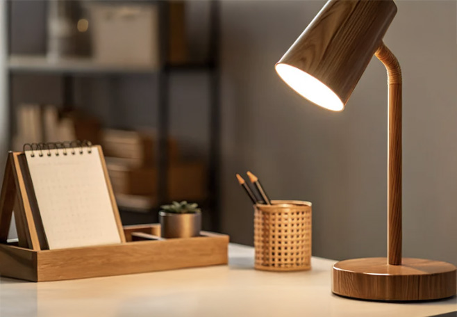 A modern, minimalist desk setup with a glowing wooden desk lamp, calendar, small potted plant, and a pencil holder on a tidy white surface.